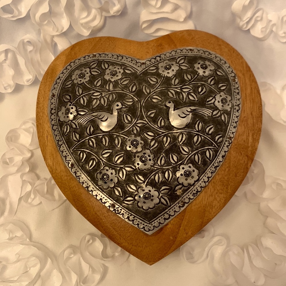 Wooden Vtg Heart Trinket Box Metal Etching Floral with Birds No Hinges Thailand